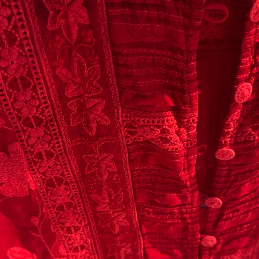 Johnny Was Red Embroidered Ruffle Front Blouse - Picture 3 of 11